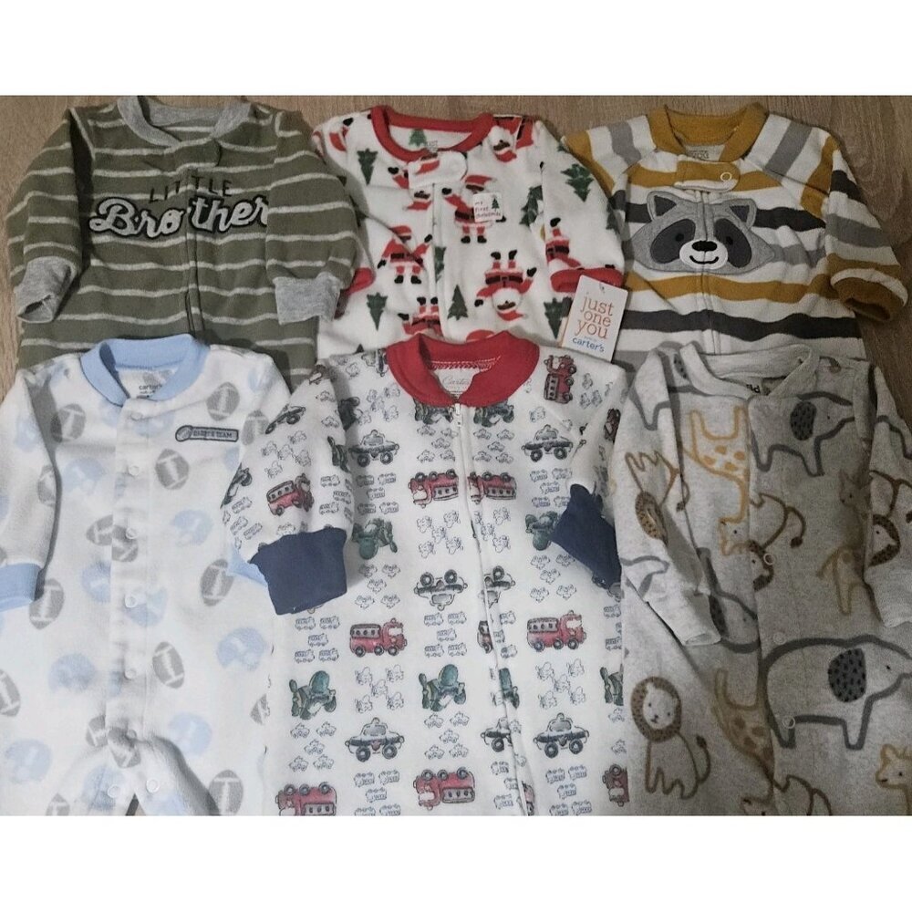 Lot Of 6 Carters Fleece Footed Pjs Pajamas Sizes Newborn -6 Months Boys Animals